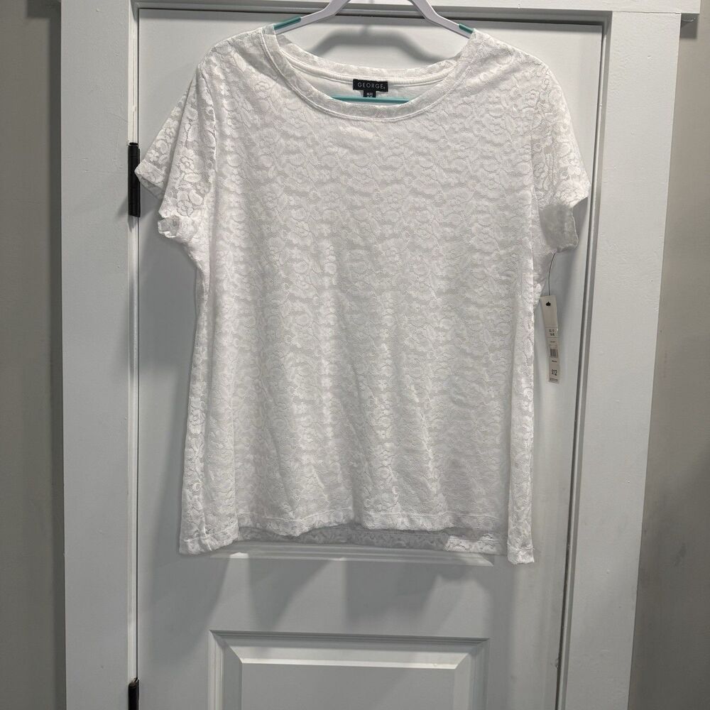 NWT George Full Lace Short Sleeve Blouse, Lined, White Lace